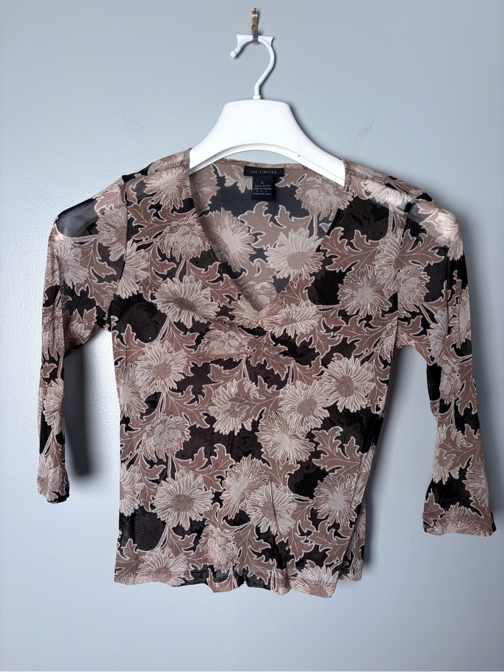 VTG Y2K The Limited Sheer Mesh Floral Beaded Top V-Neck 3/4 Sleeve Brown Small
